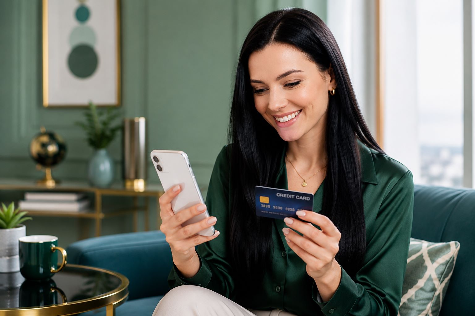 Customer using card and mobile banking